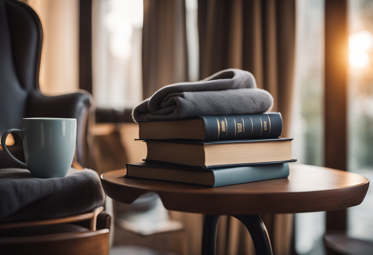 A cozy, dimly lit room with a comfortable chair and a stack of books. A soft blanket is draped over the book, and a steaming cup of tea sits on a nearby table