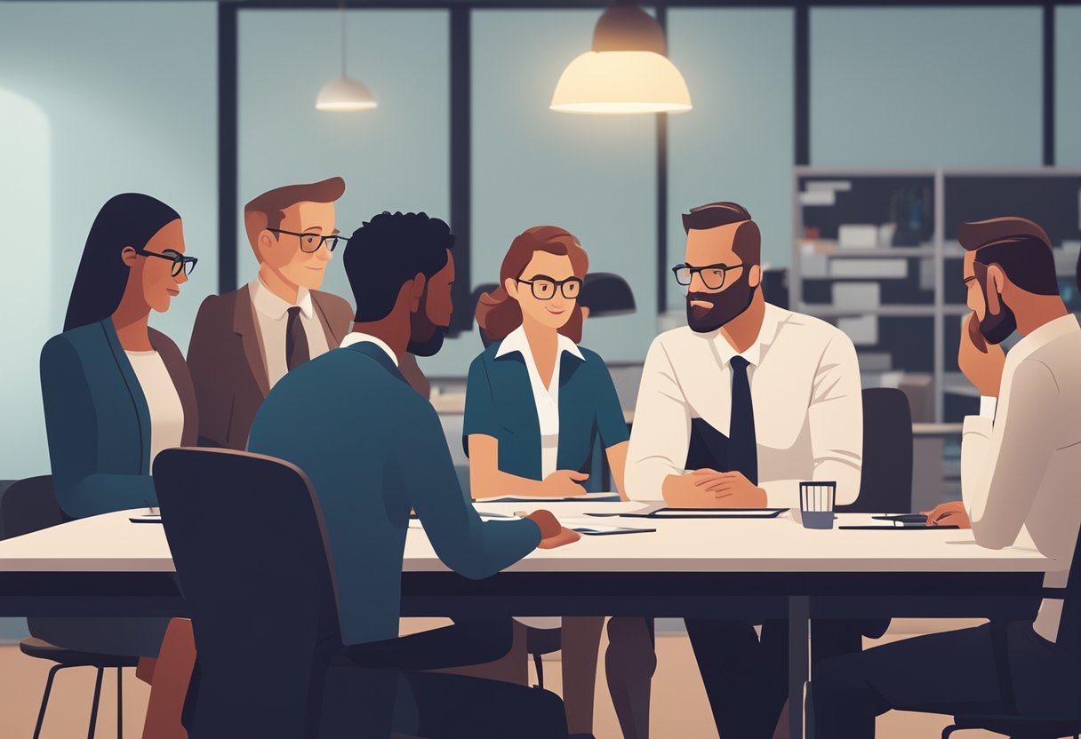 A person sitting at a desk, surrounded by supportive colleagues and a manager offering reassurance. The person looks anxious but is being comforted by their team: Anxiety Going Back to Work