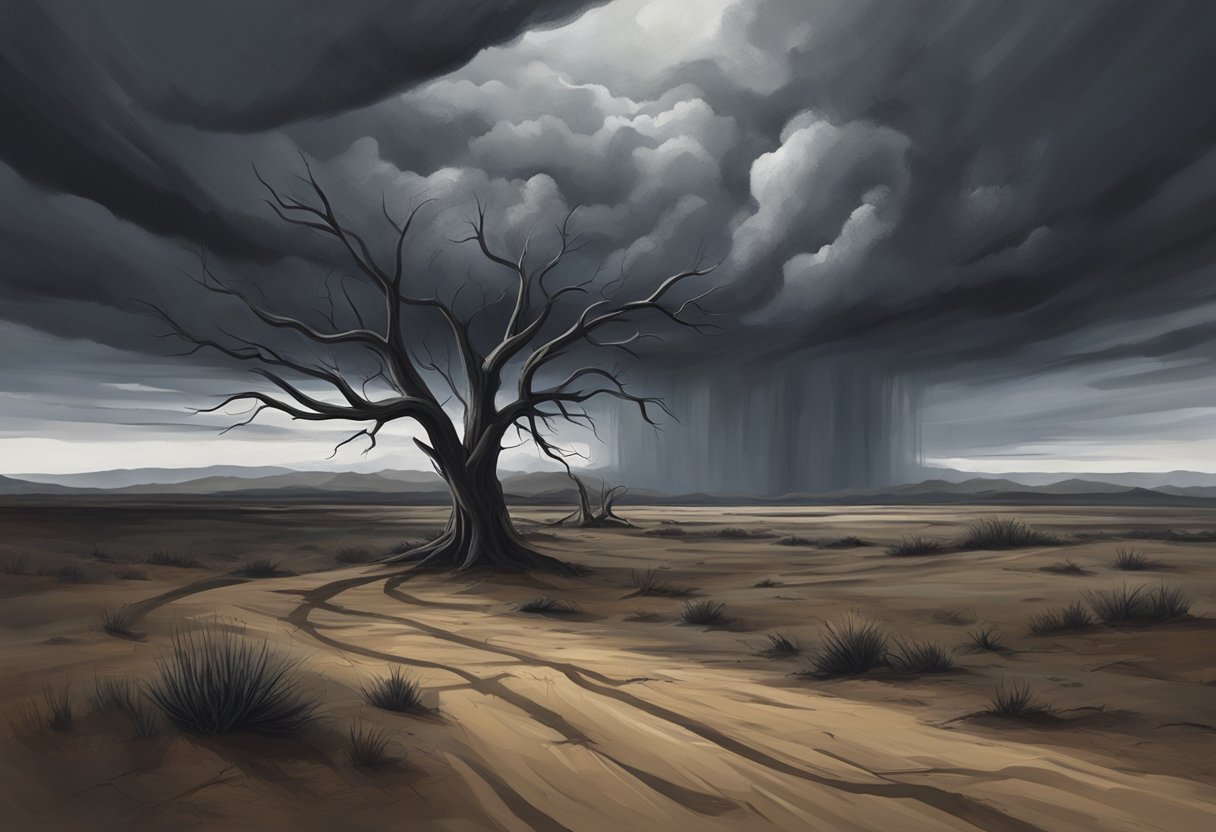 A dark storm cloud looms overhead, casting a shadow over a desolate landscape. The withered trees droop and the ground is barren, reflecting the emptiness and hopelessness of major depressive disorder