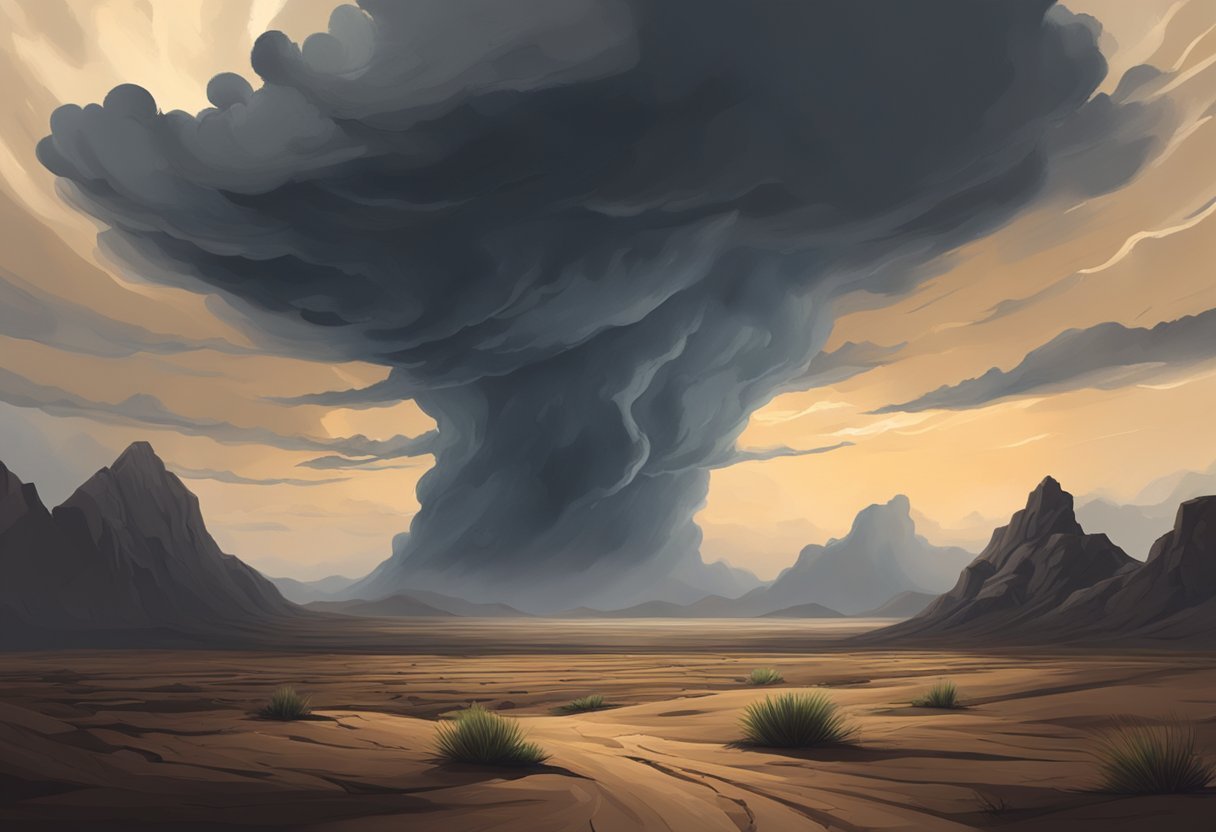 A dark storm cloud hovers over a desolate landscape, casting a shadow over the barren land. The atmosphere is heavy, with a sense of hopelessness and despair lingering in the air