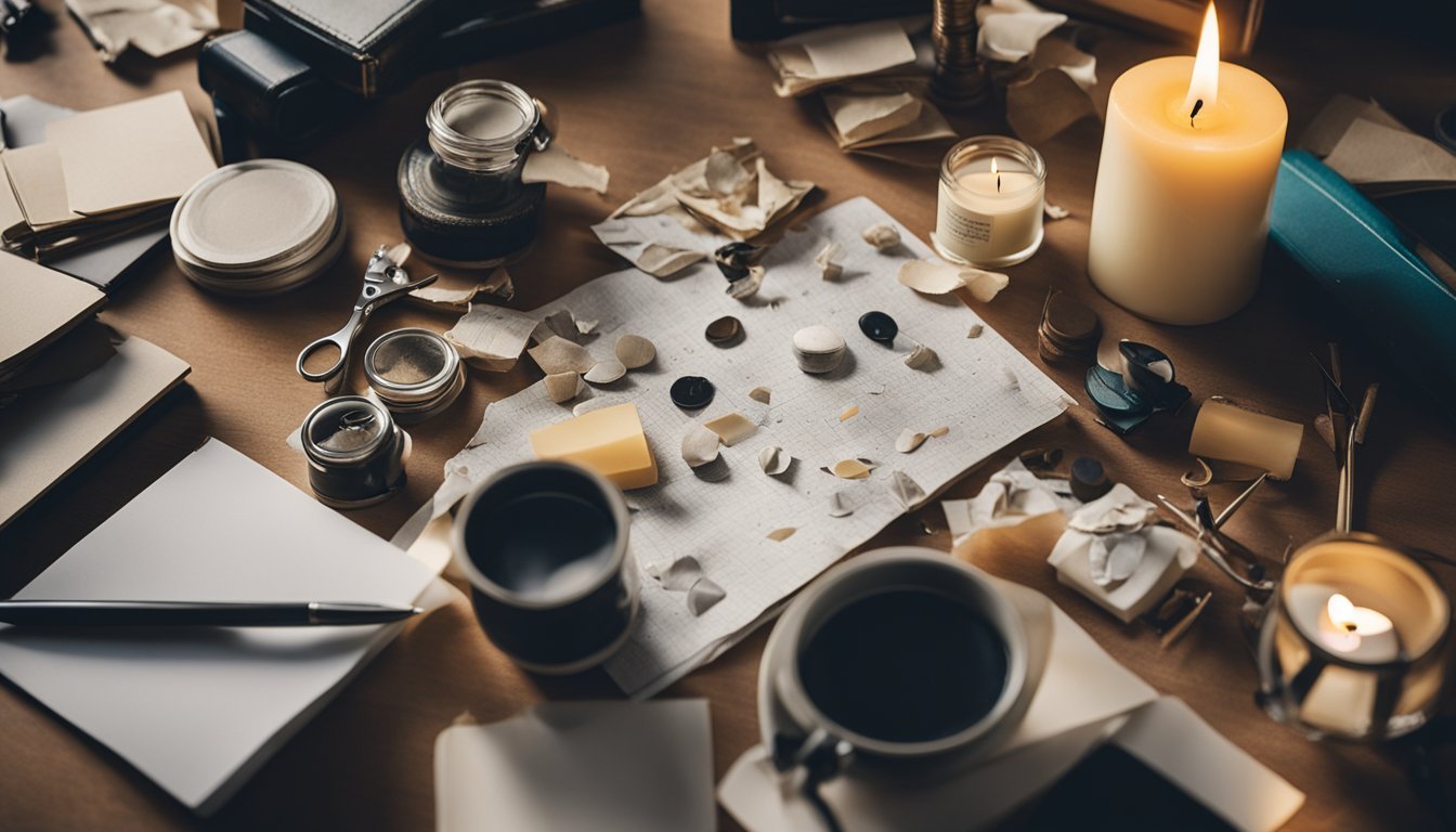 A cluttered desk with scattered art supplies, a flickering candle, and a crumpled paper, evoking a sense of burning worry and concern