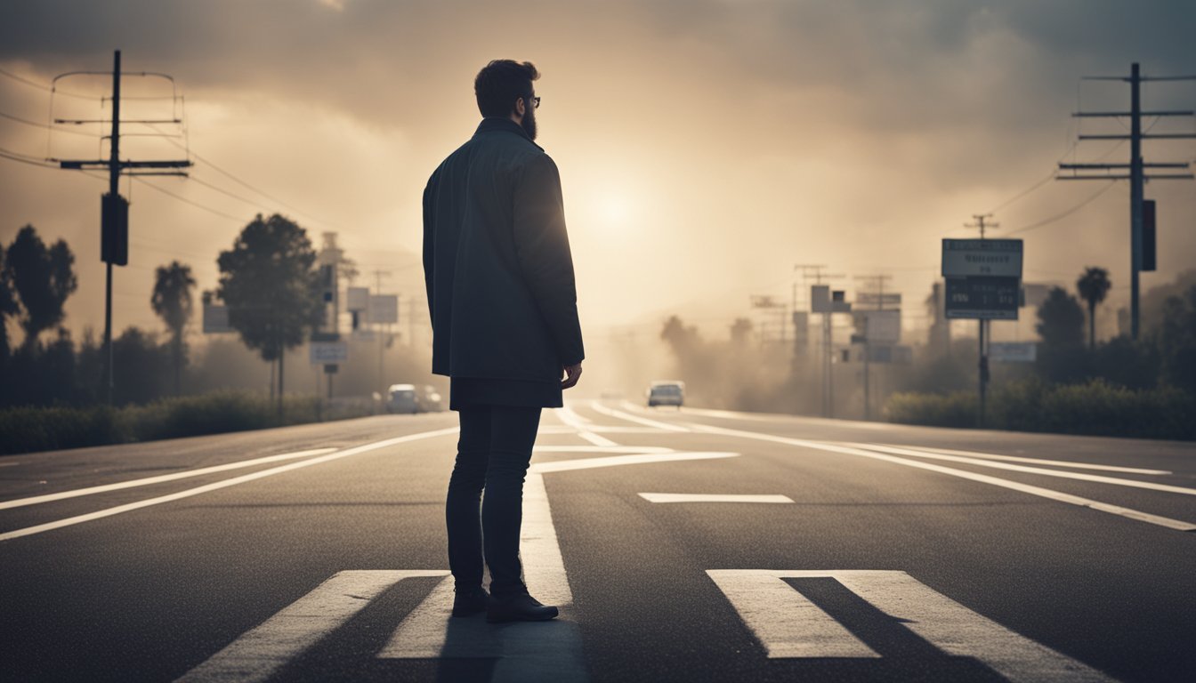 A person stands at a crossroads, feeling overwhelmed by stress. Their mind is racing with worry and concern, as if their thoughts are on fire. The scene depicts the struggle of managing burnout